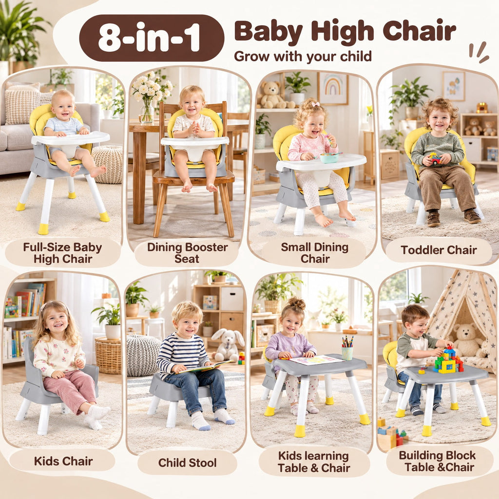 Airfind 6-in-1 Convertible Youth High Chair featuring Adjustable Removable Tray, 55 lbs Capacity, PP PU Fabric Frame, for 6-36 Months, Yellow