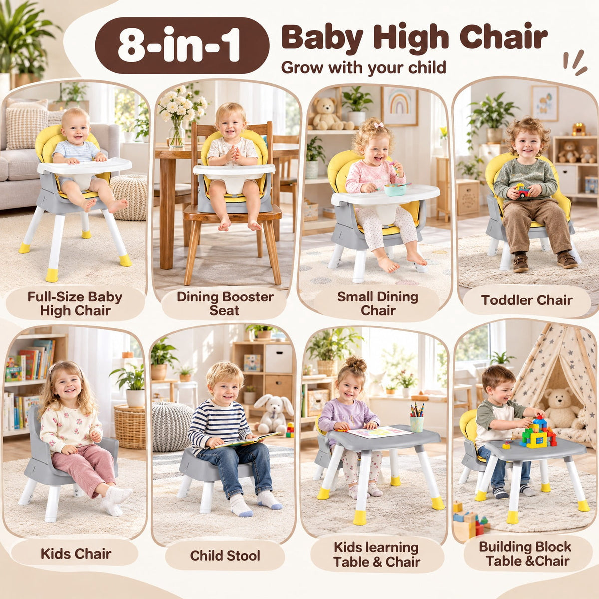 Airfind 6-in-1 Convertible Youth High Chair featuring Adjustable Removable Tray, 55 lbs Capacity, PP PU Fabric Frame, for 6-36 Months, Yellow