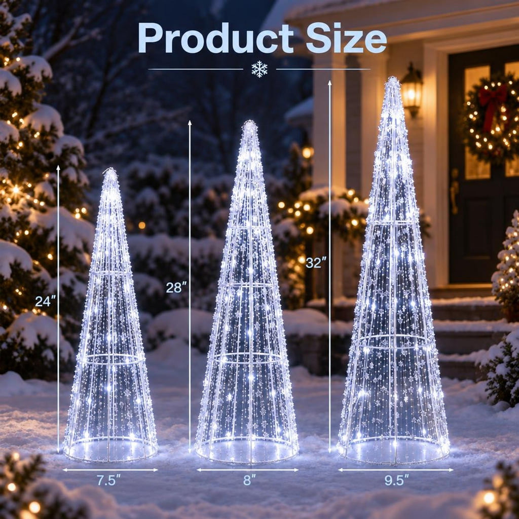 Airfind Set of 3 Pre-lit Christmas Cone Trees with Star Strings for Christmas-Cold White, Metal PS PVC Large Tree Frame, White