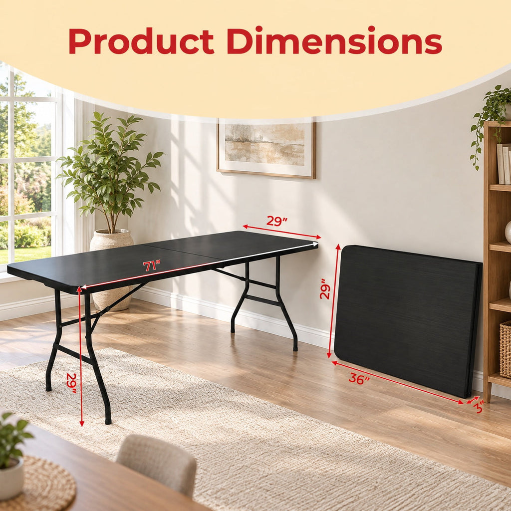 Airfind Portable Folding Camping Table with Carrying Handle, 330 lbs Capacity, HDPE Steel Expanded Frame, 71 x 29 x 29 Footprint, Black