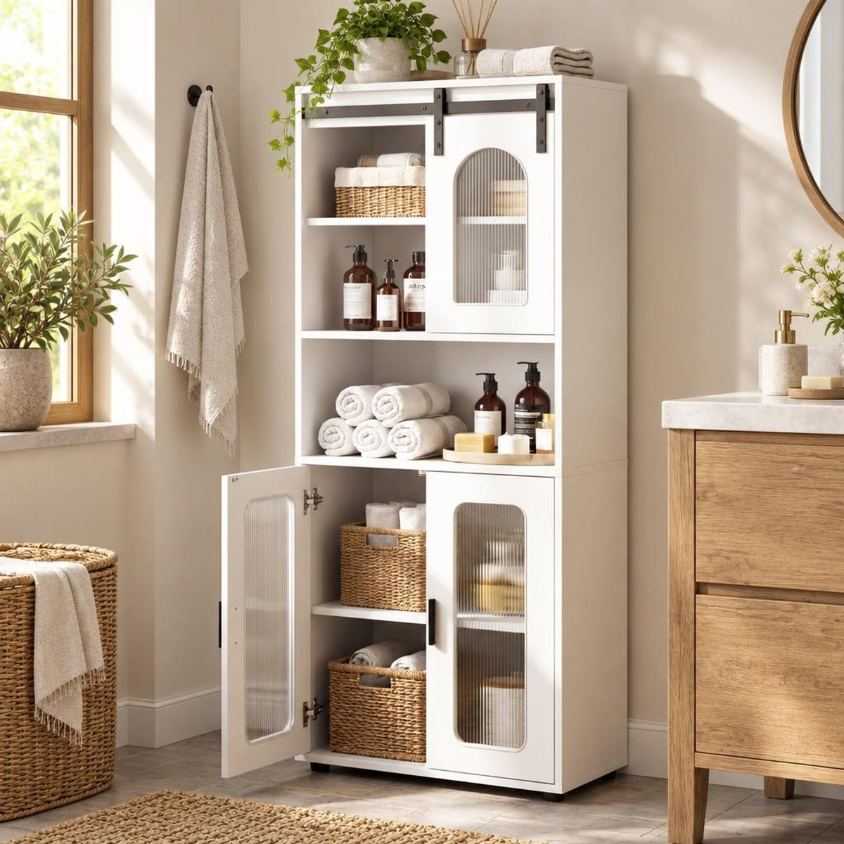 Airfind Farmhouse Bathroom Floor Cabinet featuring Sliding Barn Door, 44 lbs Capacity, Engineered Wood Frame, 23.5 Inch x 12 Inch x 59 Inch Footprint, White