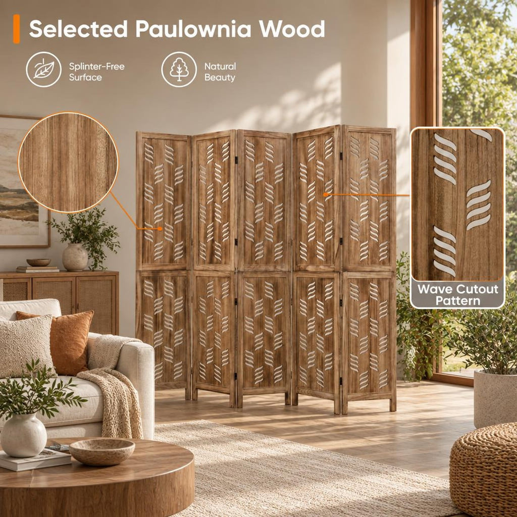 Airfind 5.5 FT Tall Room Divider 6 Panels with Wave Cutout and Paulownia Frame for Room, Paulownia Wood Metal Frame, 95in x 67in Footprint, Brown