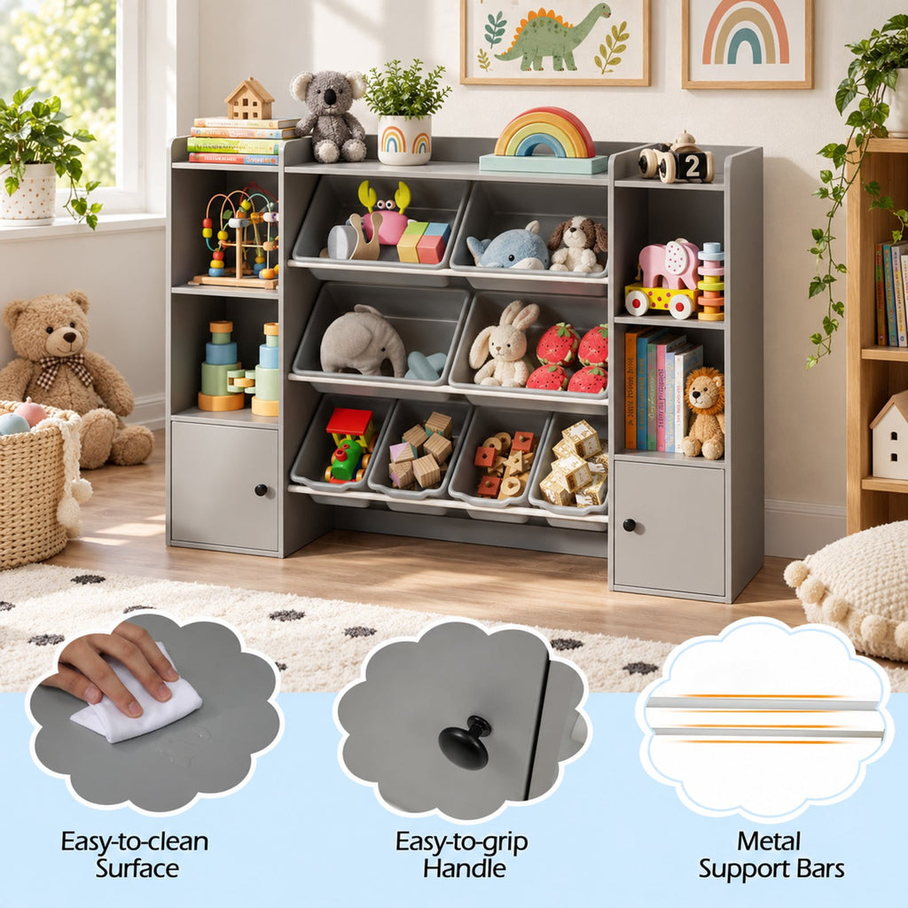 Airfind Kids Toy Storage and Bookshelf with Boxes and Open Shelves, 385 lbs Capacity, Engineered Wood Frame, for 3+ Years Old Total, Gray