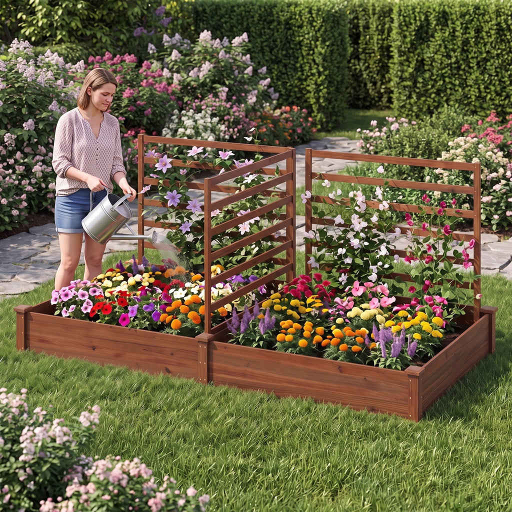 Airfind Raised Garden Bed with 2 Planter Boxes and 3 Trellis, 22 lbs Capacity, Fir Wood Frame, 88 x 45 x 43 (L x W x H) Interior Footprint, Brown