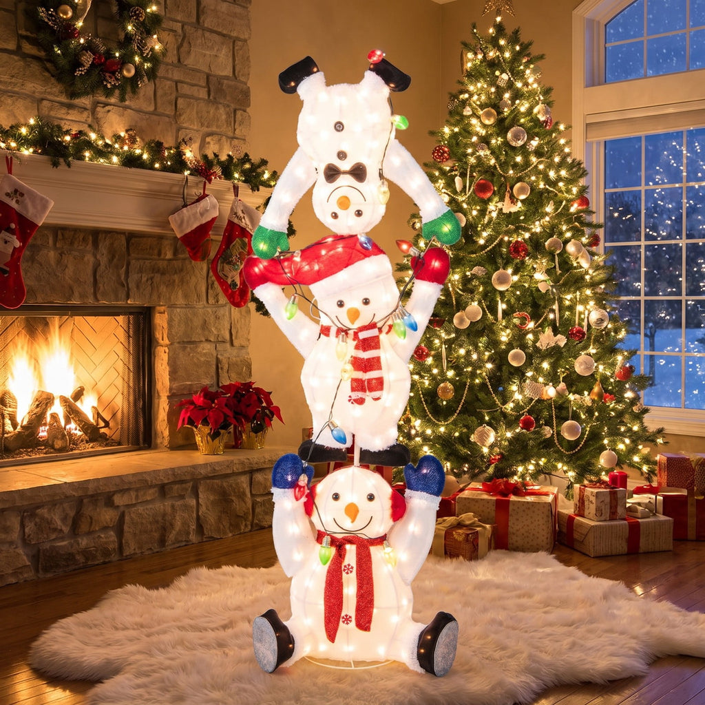 Airfind 5.6 Feet Lighted Stacked Snowmen Christmas Decoration, Plush Fabric Metal Frame, White, Overall Dimensions 1.9 x 1.3 x 5.6 ft (L