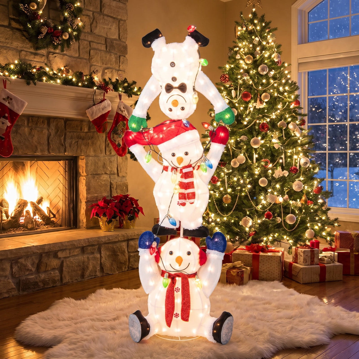 Airfind 5.6 Feet Lighted Stacked Snowmen Christmas Decoration, Plush Fabric Metal Frame, White, Overall Dimensions 1.9 x 1.3 x 5.6 ft (L
