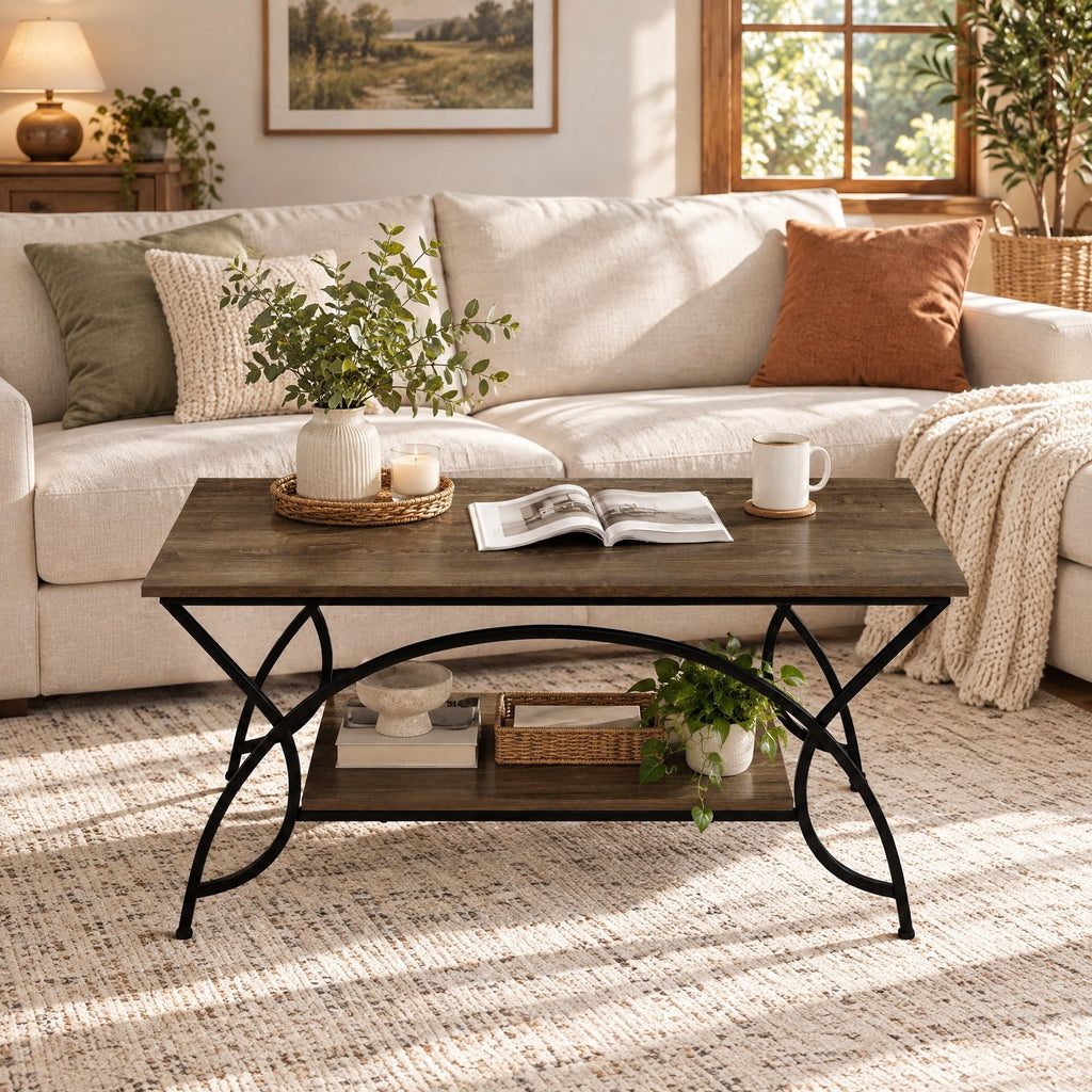 Airfind 2-Tier wood grain Coffee Table with wood grain top and Metal Frame, 110 lbs Capacity, Engineered wood steel Frame, Oak