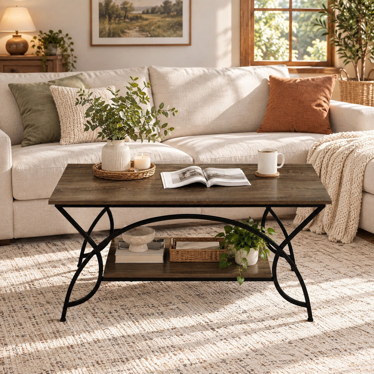 Airfind 2-Tier wood grain Coffee Table with wood grain top and Metal Frame, 110 lbs Capacity, Engineered wood steel Frame, Oak