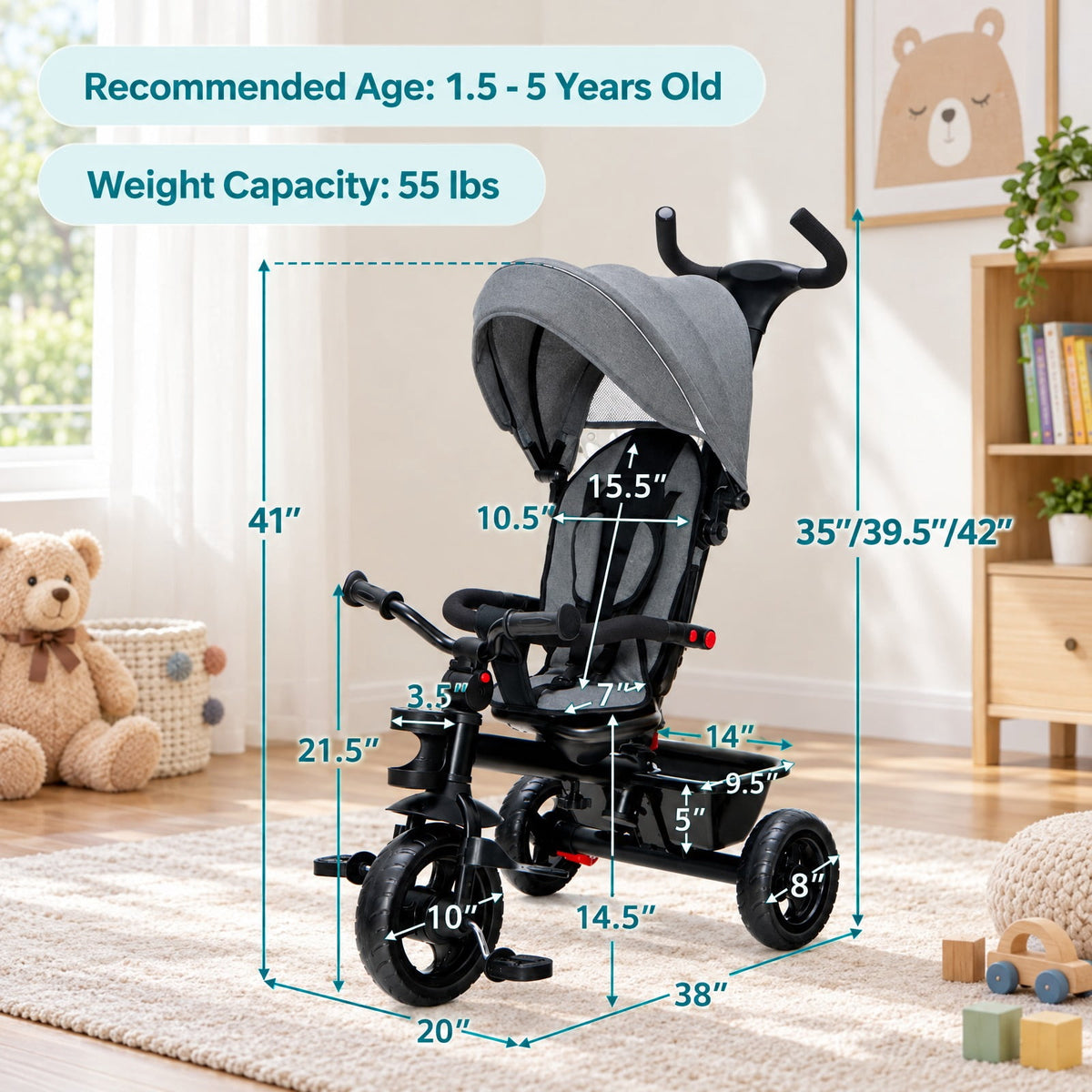 Airfind 4-in-1 Baby Tricycle Toddler Trike with Convertible Seat, 55 lbs Capacity, Steel polyester fabric PP EVA Frame, Gray