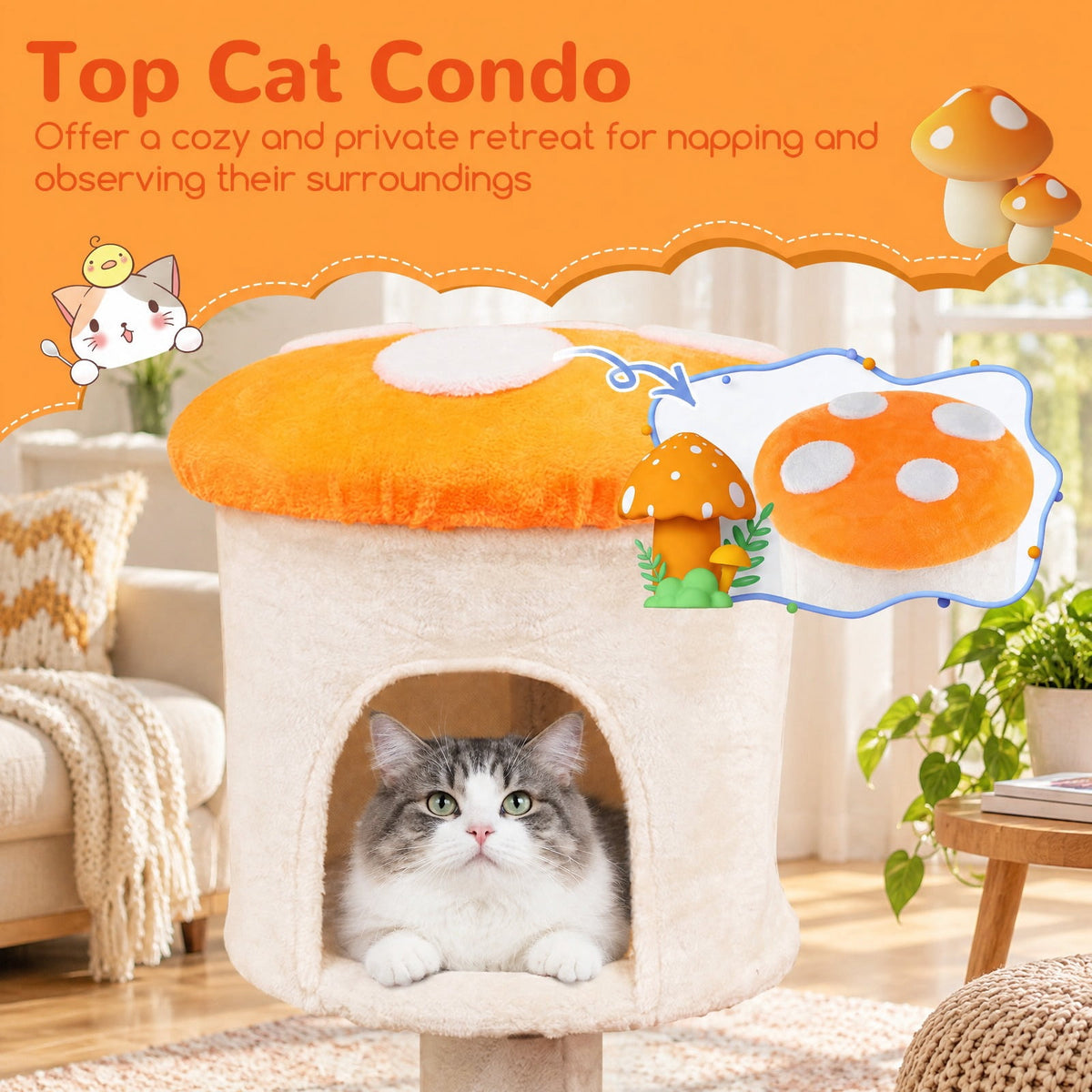 Airfind Cute Mushroom Cat Tree with Sisal Scratching Posts Top Condo and Padded Platforms, 22 lbs Capacity, 23 x 48 Footprint, Colorful
