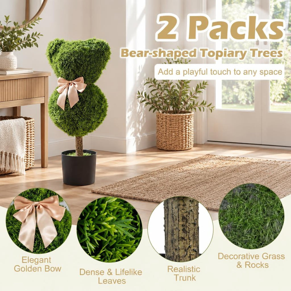 Airfind 2 Pieces Bear Topiary Trees with Pots Sun-resistant Bear, PE PP Cement Frame, 10 Inch x 9 Inch x 24.5 Inch Pot Footprint, Green + Golden