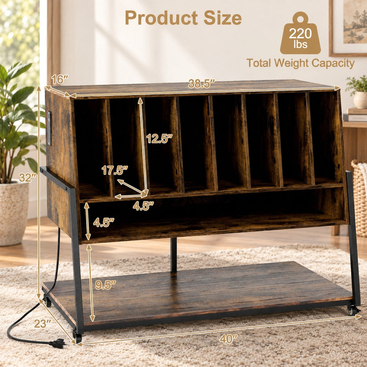 Airfind Turntable Stand with Charging Station and Vinyl Storage Shelves, 44 lbs Capacity, Engineered Wood MDF Metal Frame, Brown