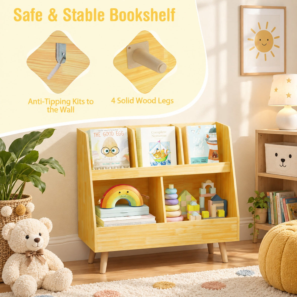 Airfind 5-Cube Kids Bookshelf and Toy Organizer with Anti-Tipping Kits, 68 lbs Capacity, MDF Solid Wood Frame, White Oak Natural Pink Light Gray
