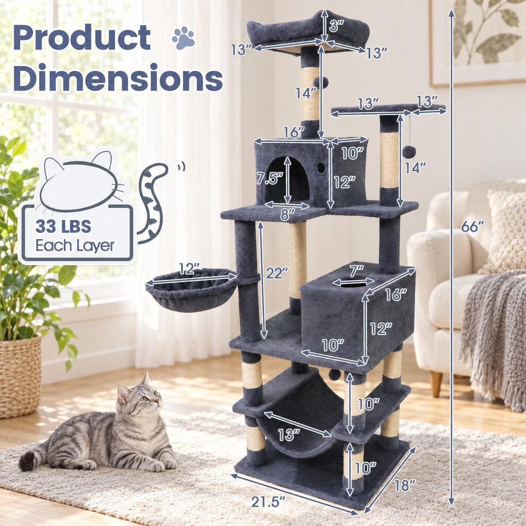 Airfind 66 Inch Tall Cat Tree Multi-Level Cat Tower with 2 Condos Sisal Scratching Posts, 33 lbs Capacity, Dark Gray