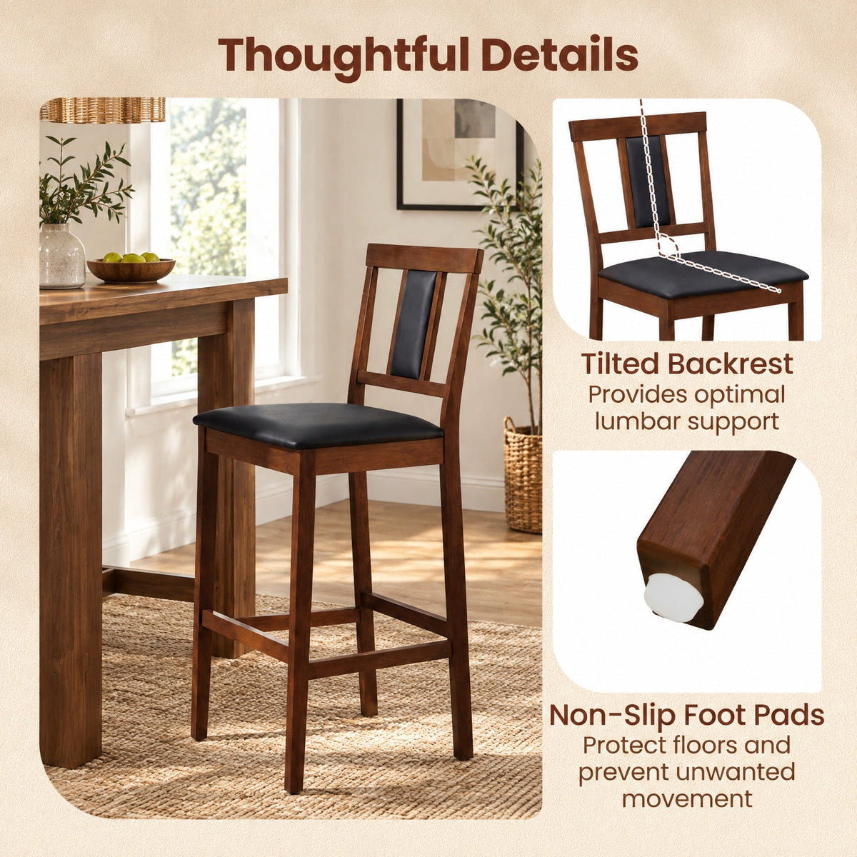 Airfind Set of 2 Upholstered Barstool 29.5 Inch Bar Height with Solid Rubber Wood Frame, 300 lbs Capacity, Walnut