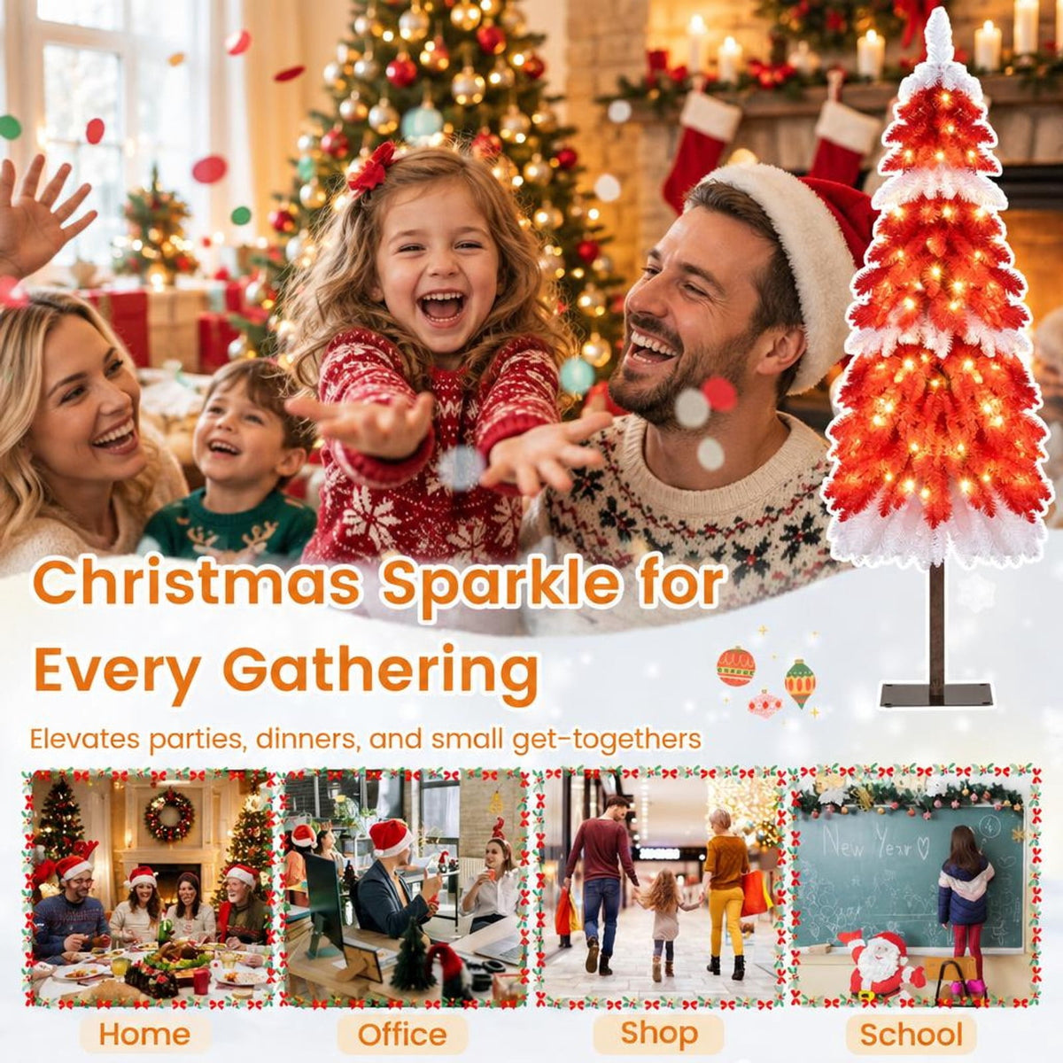 Airfind 5 FT Artificial Christmas Tree Pre-lit Xmas Trees with 301 Red and White Branch Tips, PVC Metal Tree Height 5 ft Tree Width 24in Base Frame