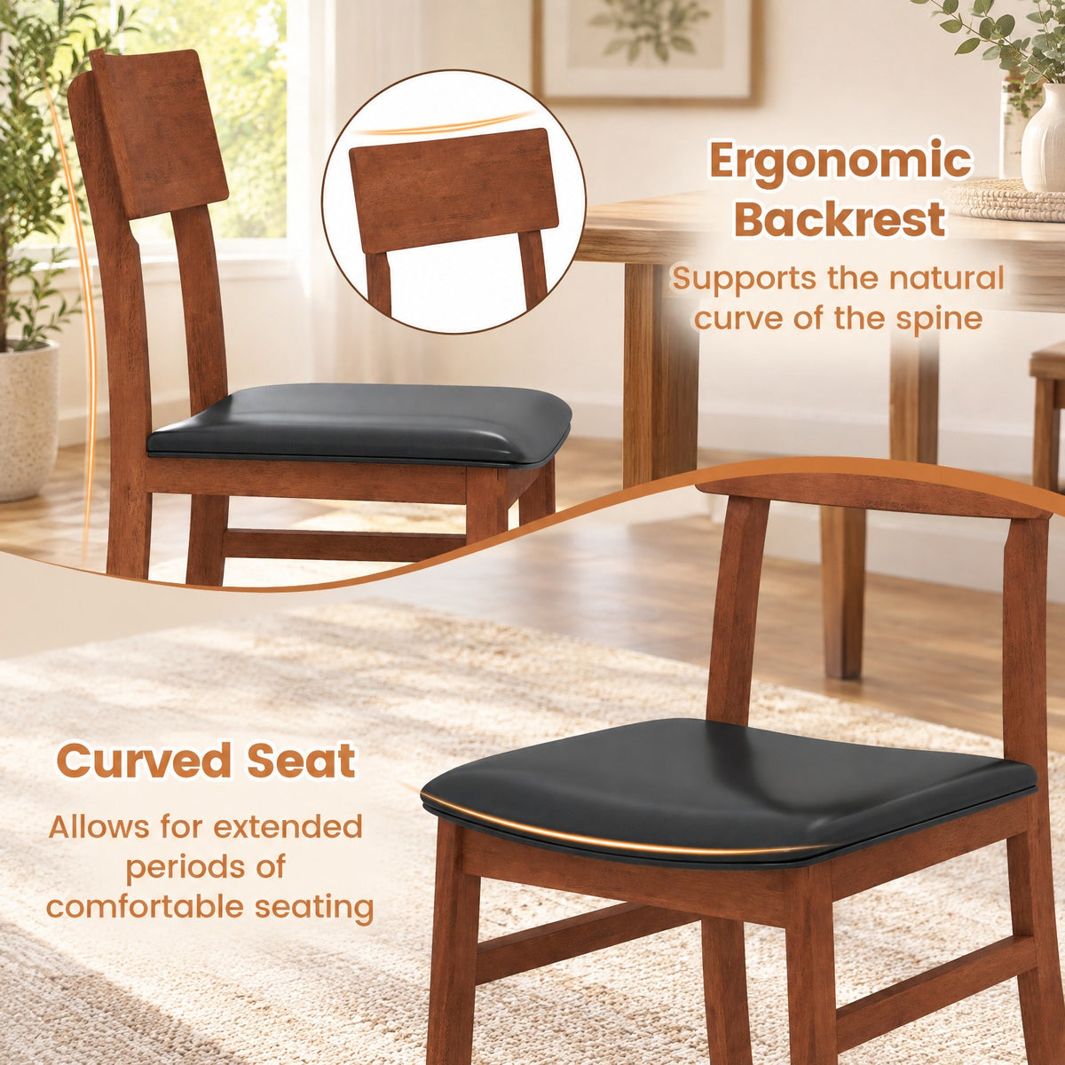 Airfind Dining Chairs Set of 2 with Rubber Wood Legs and Faux Leather Upholstered Seat, 330 lbs Capacity, Rubber Wood Frame, Black