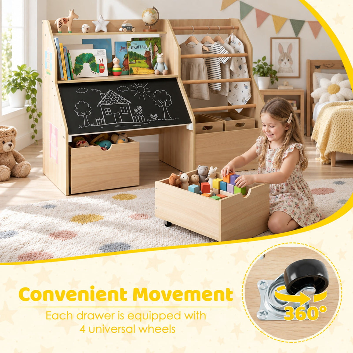 Airfind Kids Toy Storage Organizer with Flip-up Blackboard, Engineered Wood Pine Wood Frame, for 3+ Years Old, 41 Inch x 16 Inch x 28 Inch Footprint, Natural