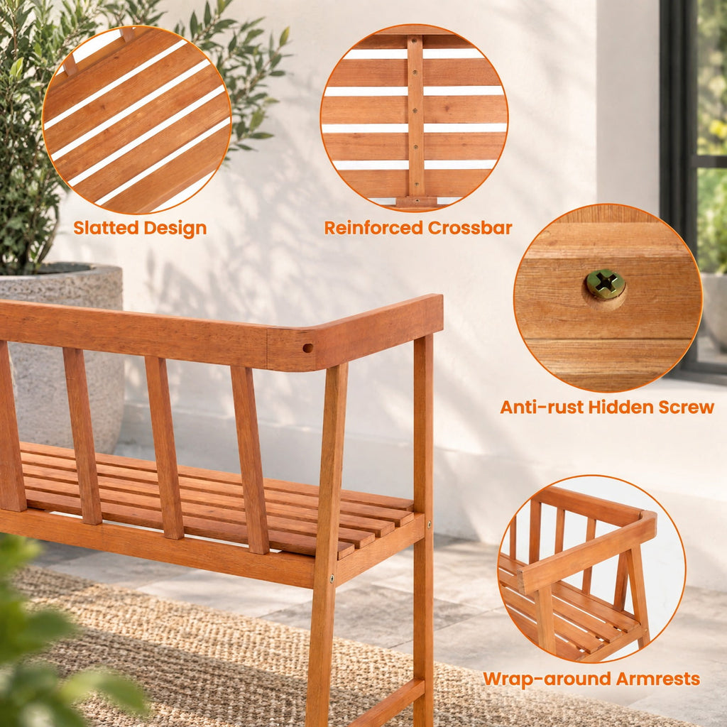 Airfind Outdoor Eucalyptus Wood Bench with Backrest and Armrests, 800 lbs Capacity, Eucalyptus wood Frame, Wood