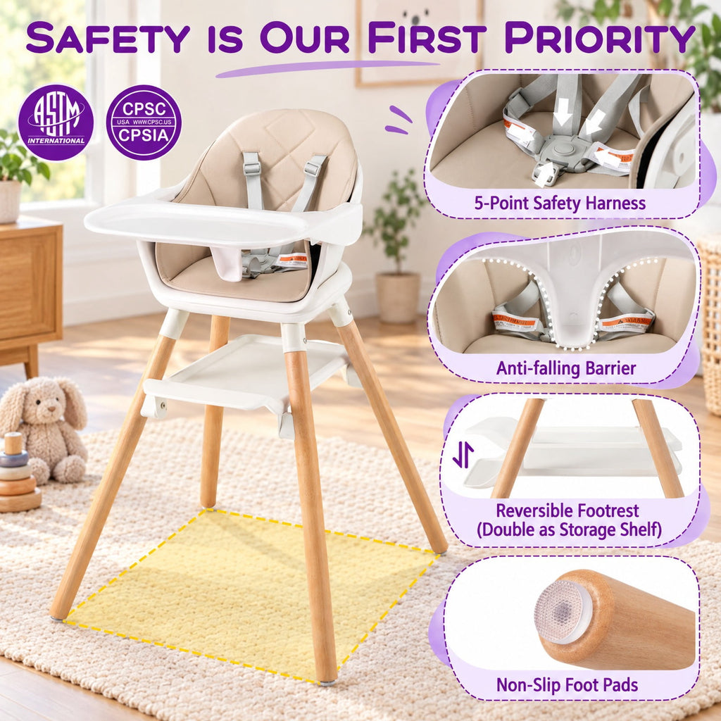 Airfind 6 in 1 Convertible Highchair with Safety Harness and Removable Tray, PP PU Beech Frame, 24.5 x 23 x 35.5 Footprint, Beige
