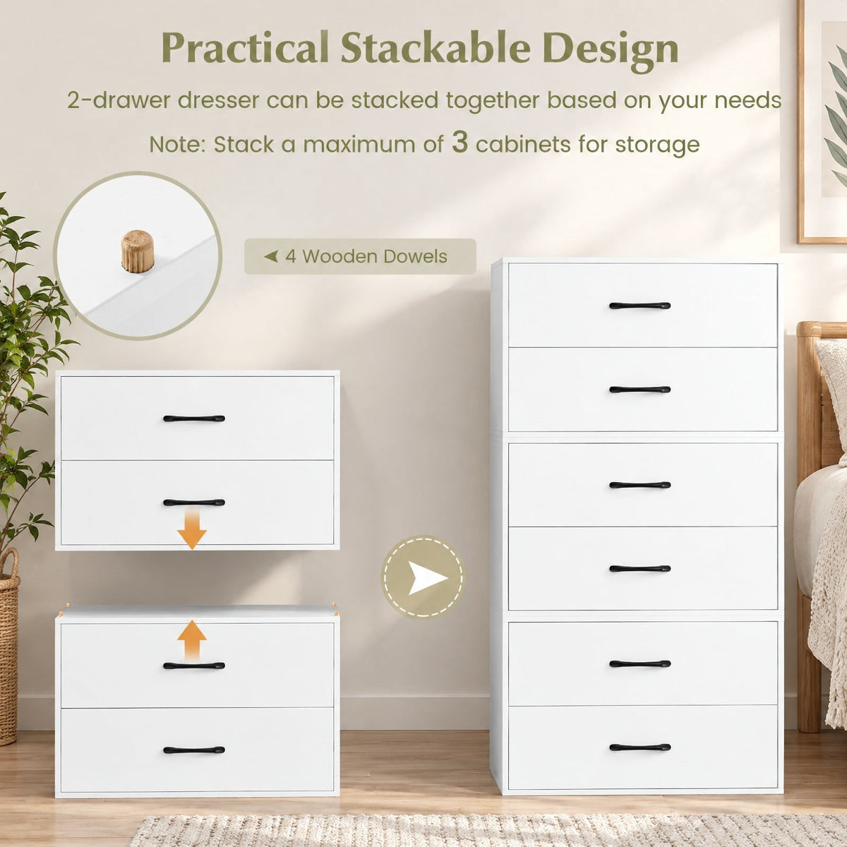 Airfind 2-Drawer Stackable Horizontal Storage Cabinet Dresser Chest with Handles, 66 lbs Capacity, Particleboard Frame, 24 Footprint, White