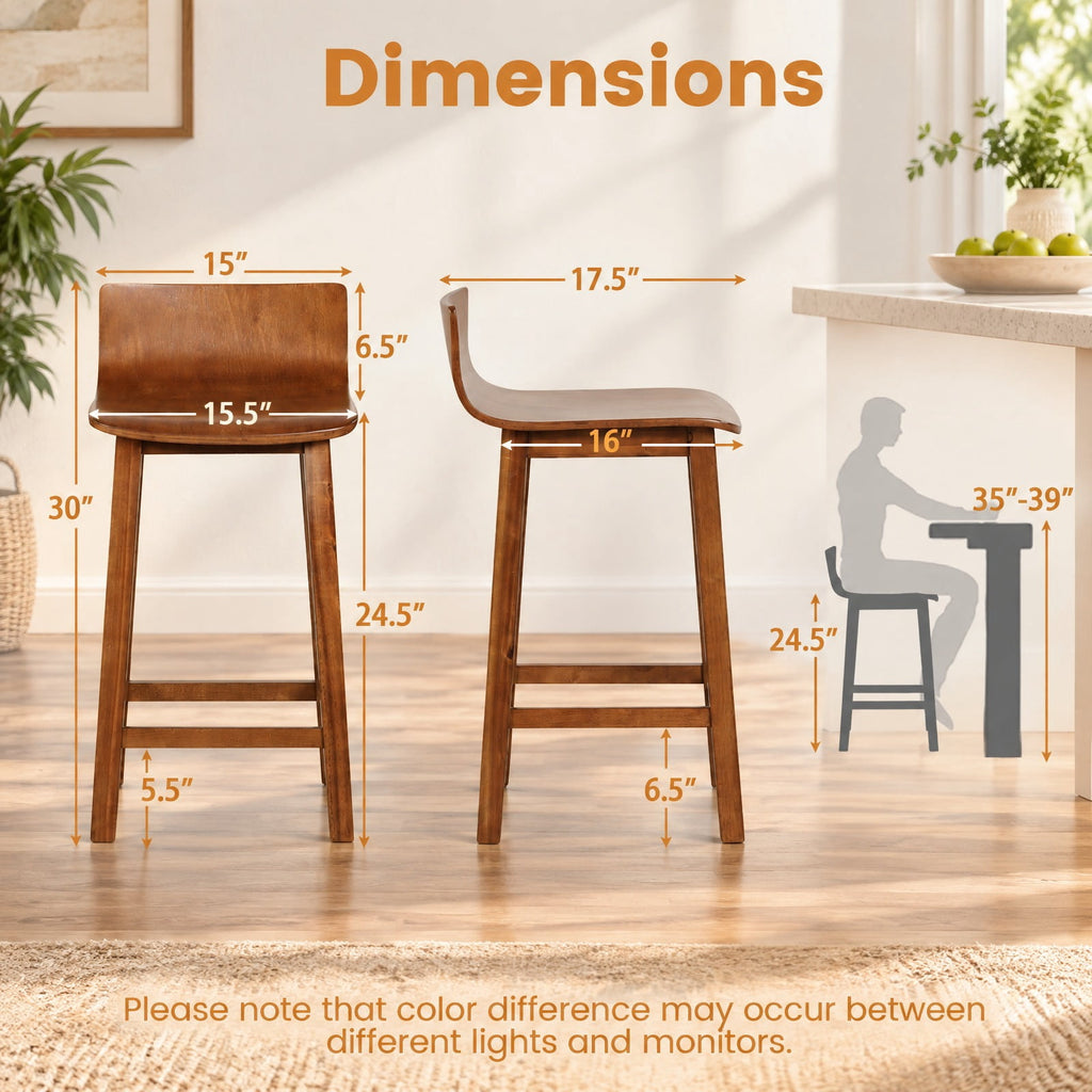 Airfind Wood Bar Stools Set of 2 with Solid Back and Seat, Brown, Ergonomically designed backrest fits your body curve, Brown/Black/White/Walnut