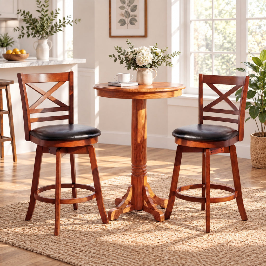 Airfind Swivel Barstools Set of 2 with Backrest and Footrest-24 Inches, 350 lbs Capacity, Rubberwood PU MDF Sponge Frame, Antique Walnut + Black