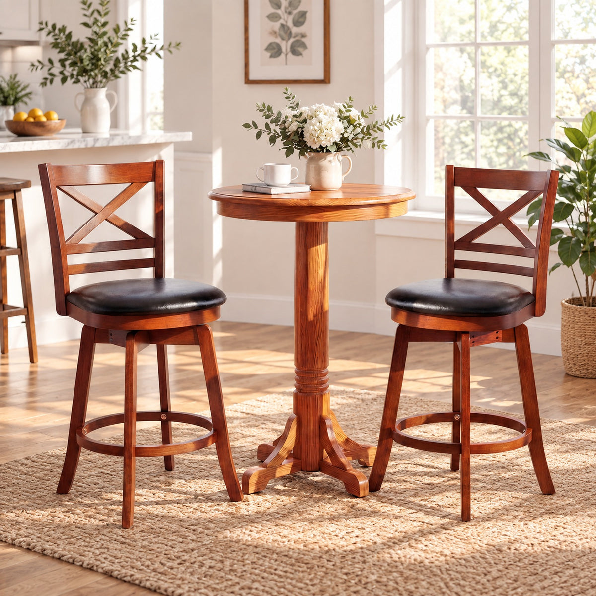 Airfind Swivel Barstools Set of 2 with Backrest and Footrest-24 Inches, 350 lbs Capacity, Rubberwood PU MDF Sponge Frame, Antique Walnut + Black