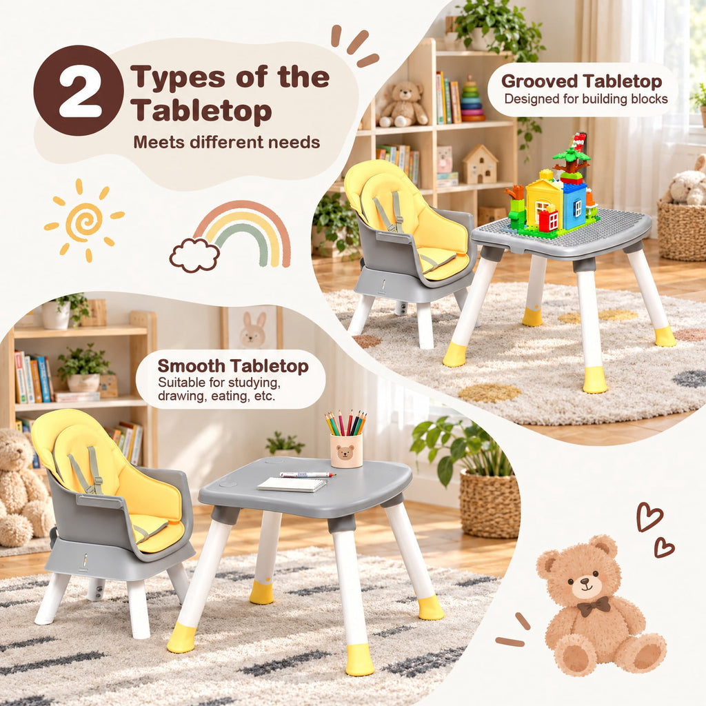 Airfind 6-in-1 Convertible Youth High Chair featuring Adjustable Removable Tray, 55 lbs Capacity, PP PU Fabric Frame, for 6-36 Months, Yellow