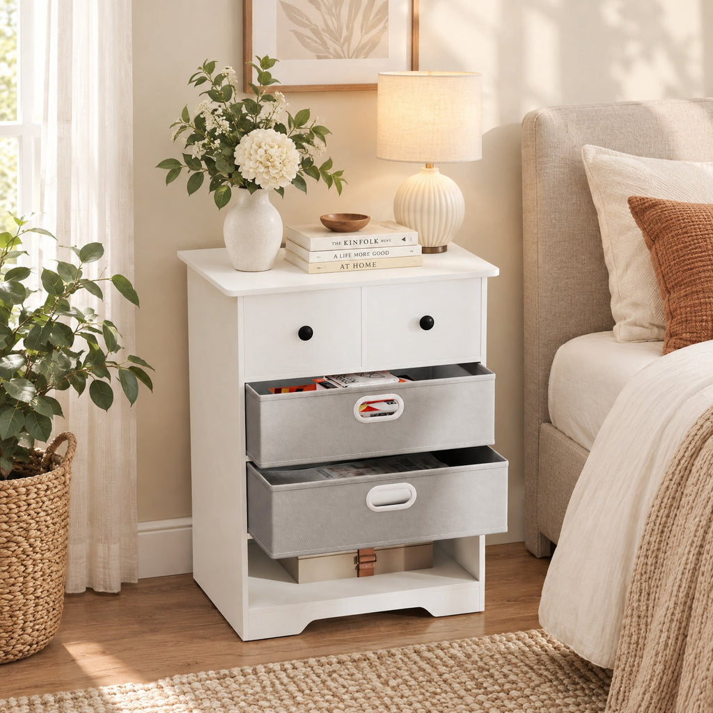 Airfind 4-Drawer Dresser Modern Chest Storage Organizer with Open Shelves, 100 lbs Capacity, Engineered Wood MDF Fabric Frame, White