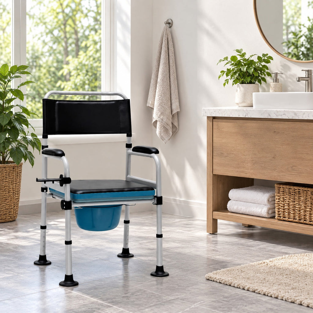 Airfind 4-in-1 Folding Bedside Commode Chair with Detachable Bucket and Towel Holder, 440 lbs Capacity, Carbonized Steel PVC Leather Frame, Silver