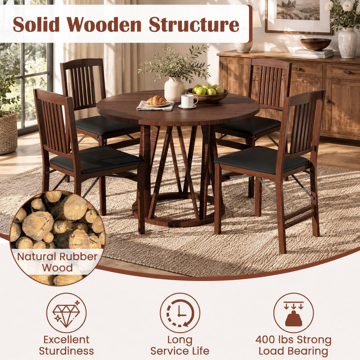 Airfind Set of 2 Foldable Upholstered Kitchen Chairs with Padded Seat, 420 lbs Capacity, Rubbed Wood Plywood PVC Sponge Frame, Brown