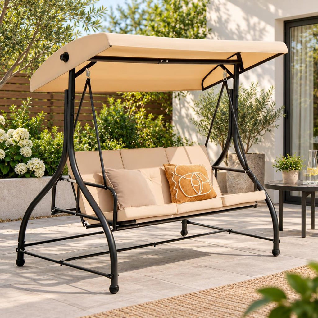 Airfind 3 Seat Outdoor Porch Swing with Adjustable Canopy, Metal Polyester Cotton Seat Height: 20 Frame, Beige
