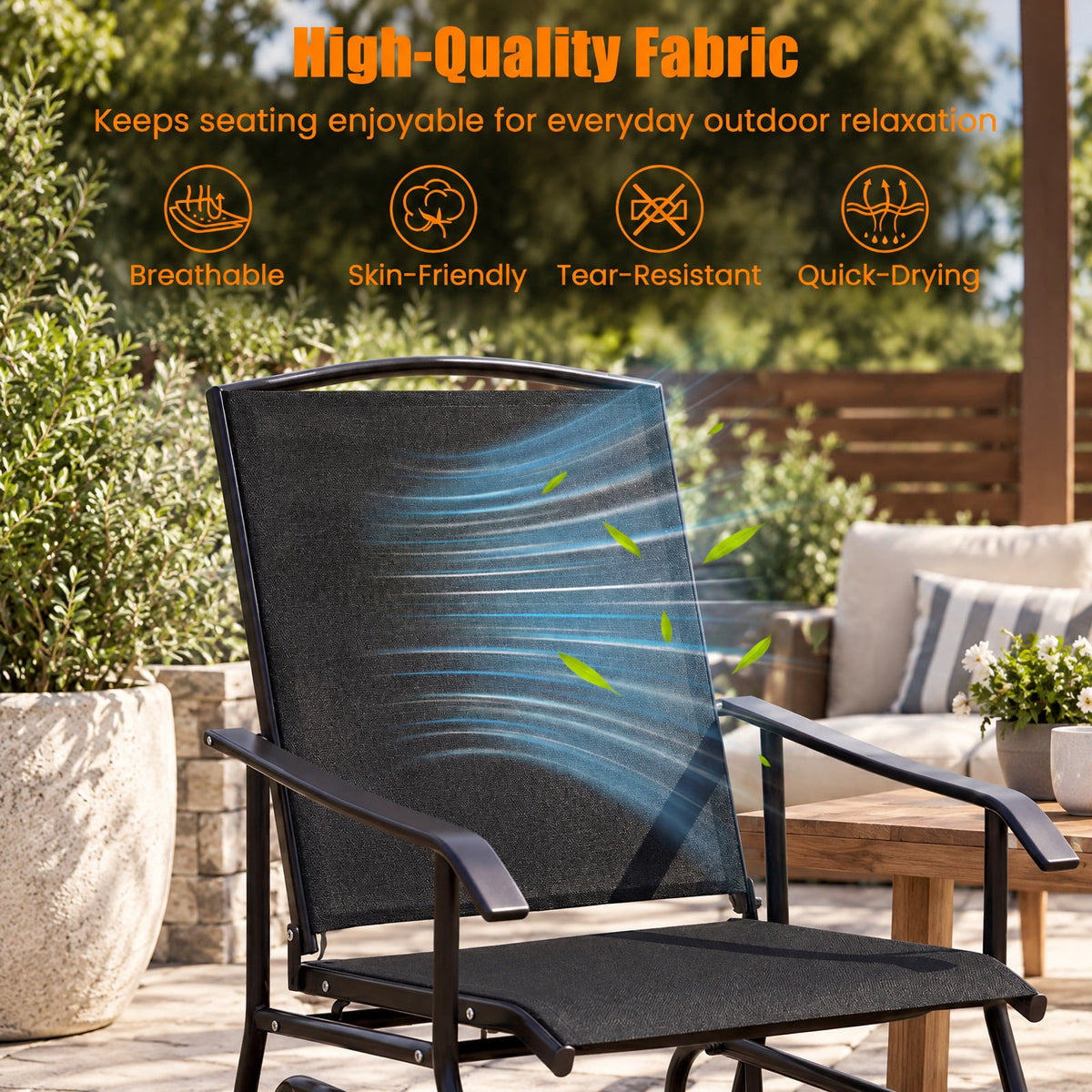 Airfind Outdoor Glider Chair with Metal Frame and Armrests, 330 lbs Capacity, Fabric Metal Frame, 24 x 29 x 37.5 Footprint, Black