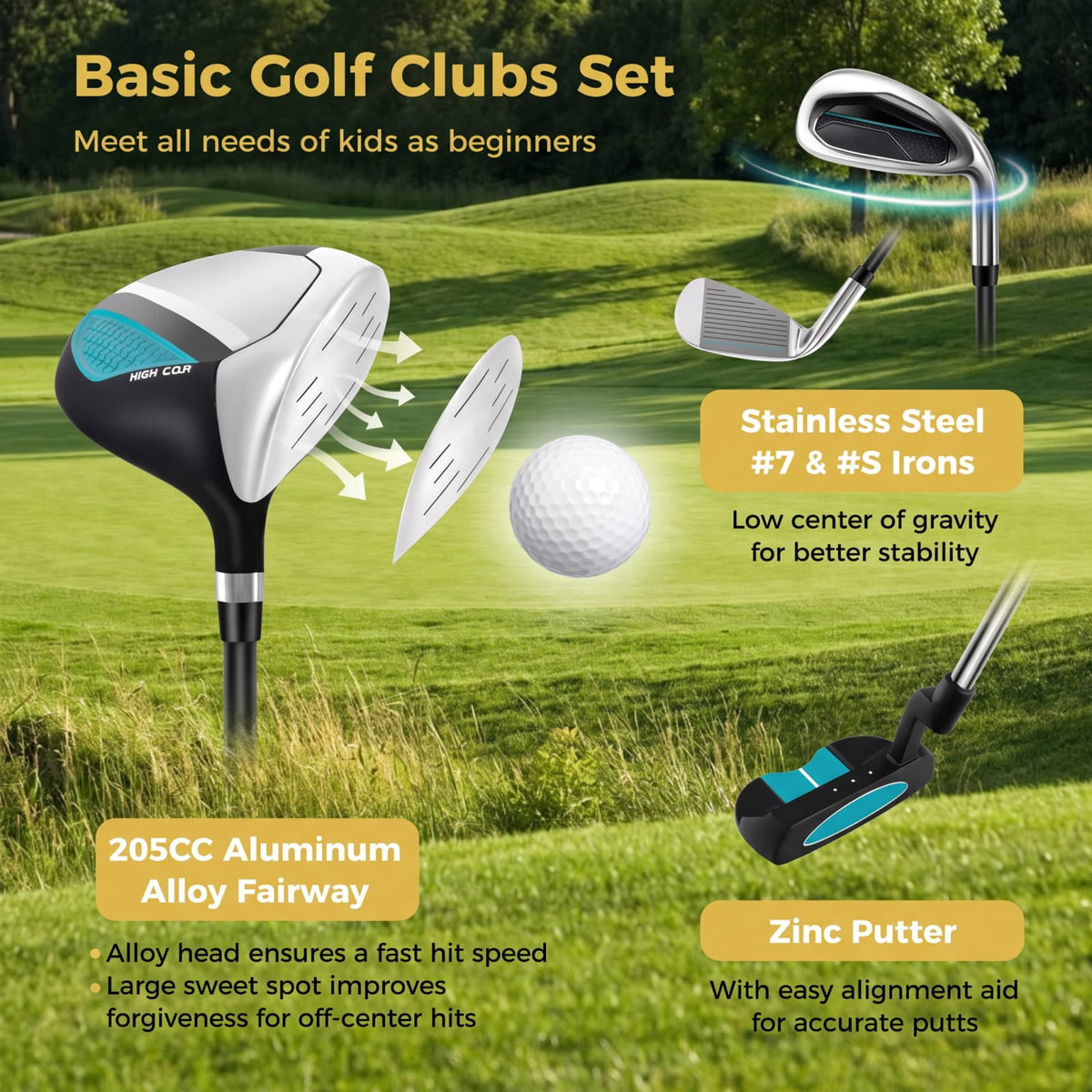 Airfind Junior Complete Golf Club Set Right Hand with Stand Bag Rain Hood and 4 Clubs for Kids Ages 5 to 7 Beginners, Blue
