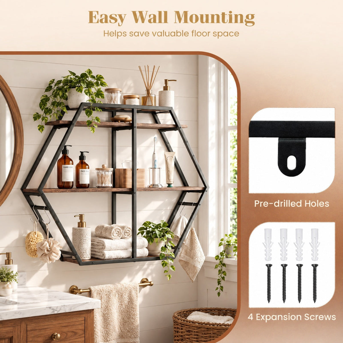Airfind 3-Tier Geometric Bookcase with S-Shaped Hooks for Living Room, 80 lbs Capacity, Engineered Wood Metal Frame, Brown