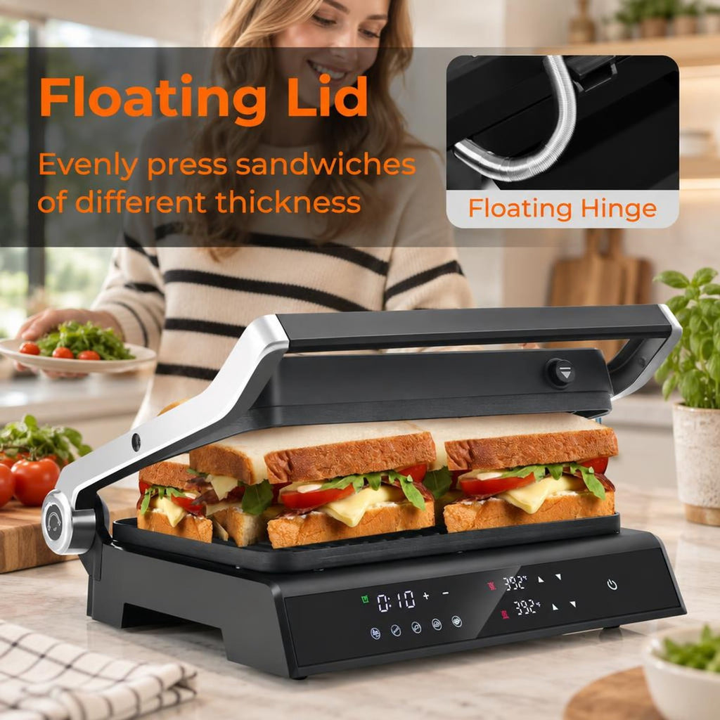 Airfind 3 in 1 Indoor Electric Panini Press Grill with LED Display, Tempered Glass Aluminum Metal Stainless Steel Frame, Black