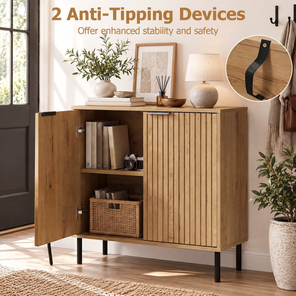 Airfind Fluted Buffet Cabinet with 2-Door Sideboard for Kitchen and Dining Room, Black Oak + BlackMaterial Engineered Wood MetalOverall