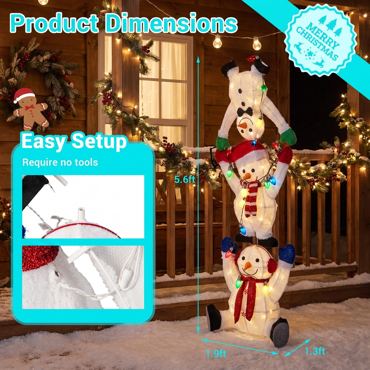 Airfind 5.6 Feet Lighted Stacked Snowmen Christmas Decoration, Plush Fabric Metal Frame, White, Overall Dimensions 1.9 x 1.3 x 5.6 ft (L