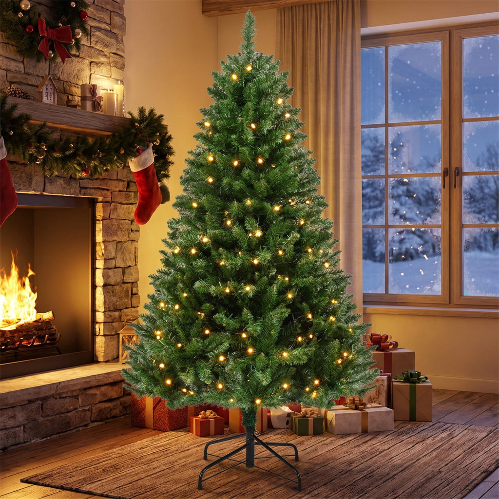Airfind 5/6/7 Feet Artificial Christmas Tree Hinged Xmas Tree with 7 Lighting Modes-5 Feet, Green, Diameter of Stand 18in/18in/22in