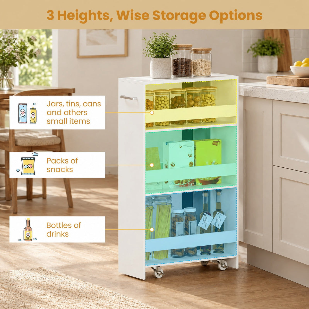Airfind 4-Tier Rolling Storage Cart Slim Kitchen Cart on Wheels with Open Shelves and Handle, 15 lbs Capacity, Engineered Wood Metal Frame, White