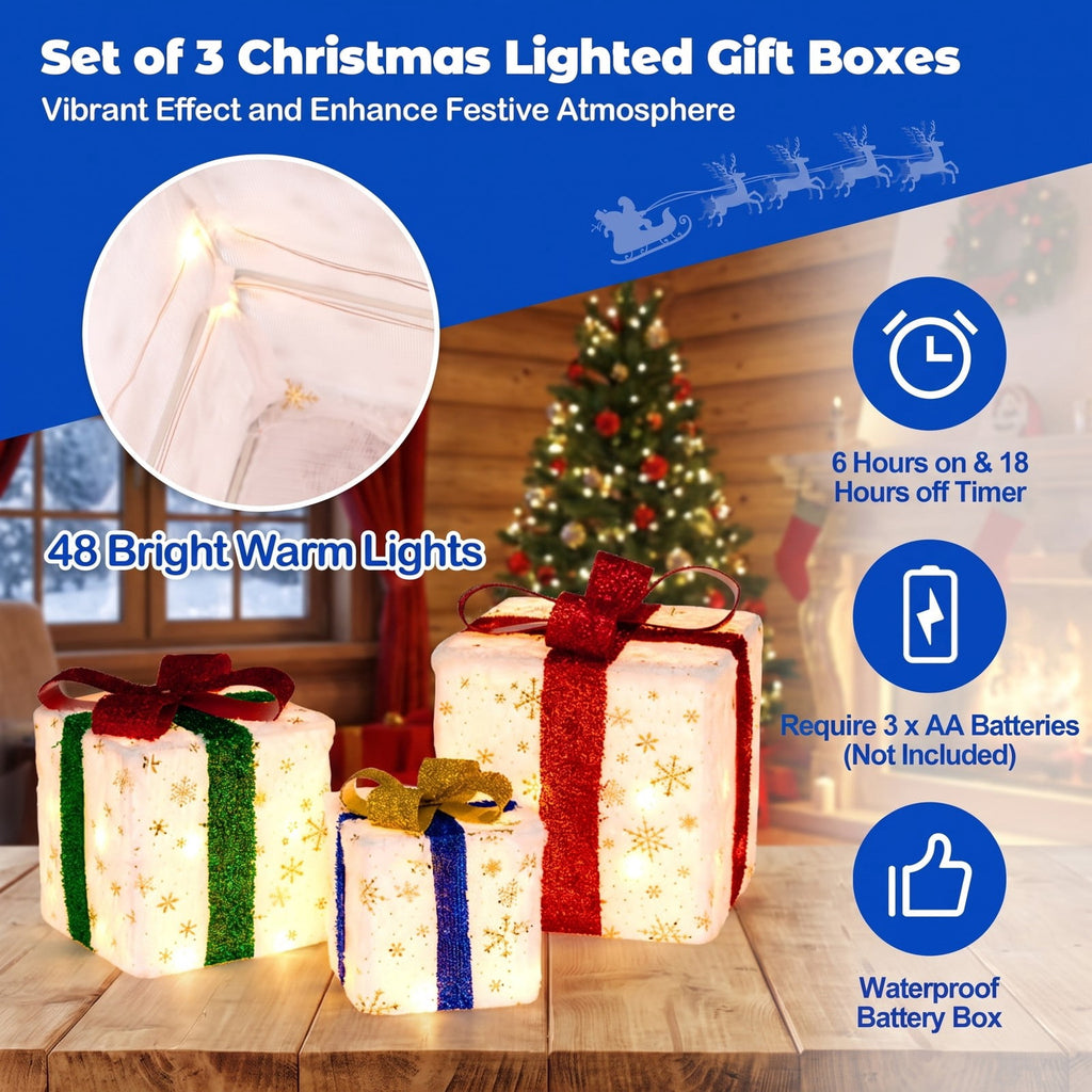 Airfind Set of 3 Christmas Lighted Gift Boxes with 48 Bright Warm Lights, Polyester Fabric PVC Plush Fabric Frame, White+Red+Golden+Green+Blue