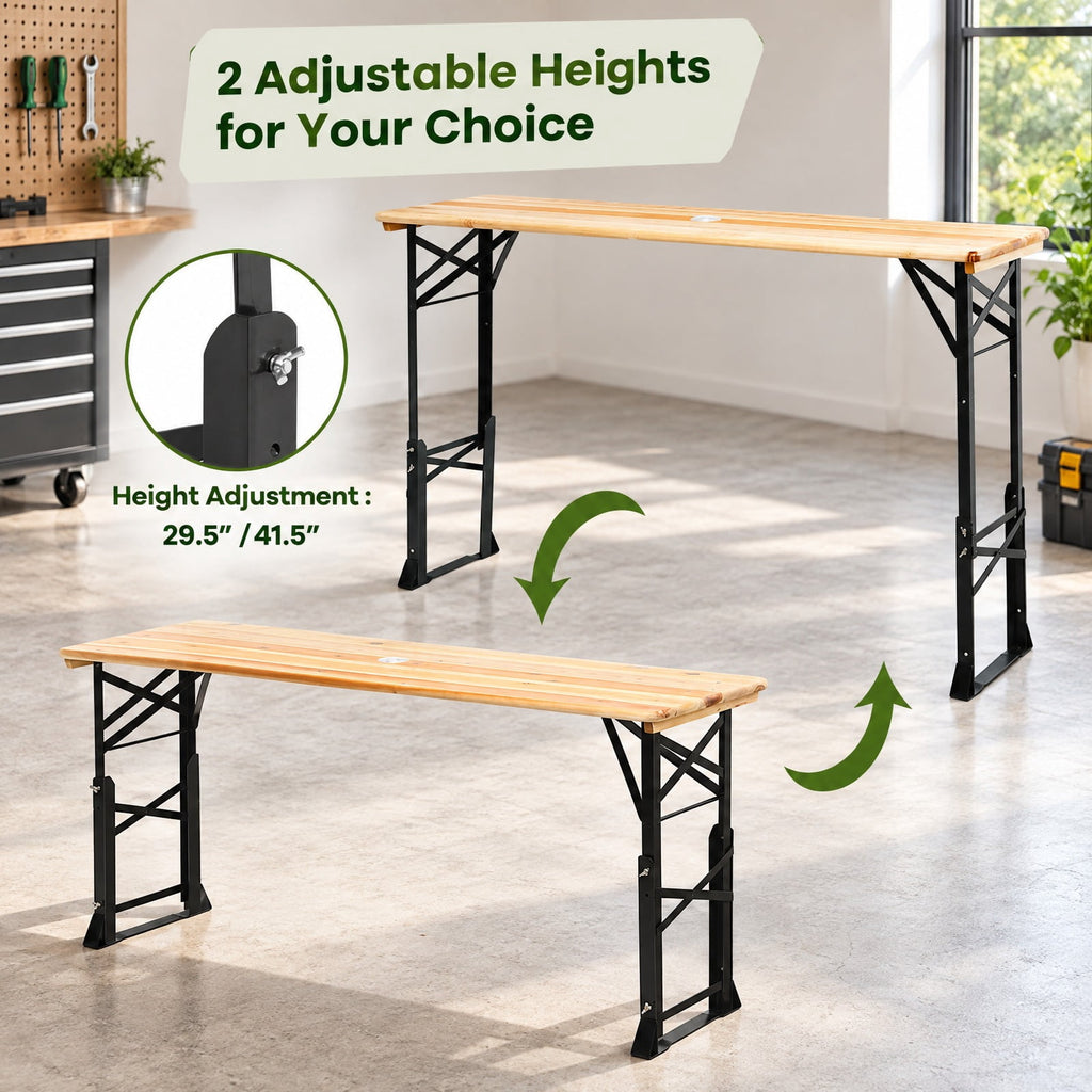 Airfind 66.5 Inch Outdoor Wood Folding Picnic Table with Adjustable Heights, 110 lbs Capacity, Wood metal Frame, 66.5 Footprint, Wood