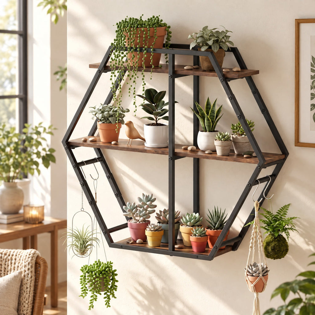 Airfind 3-Tier Geometric Bookcase with S-Shaped Hooks for Living Room, 80 lbs Capacity, Engineered Wood Metal Frame, Brown