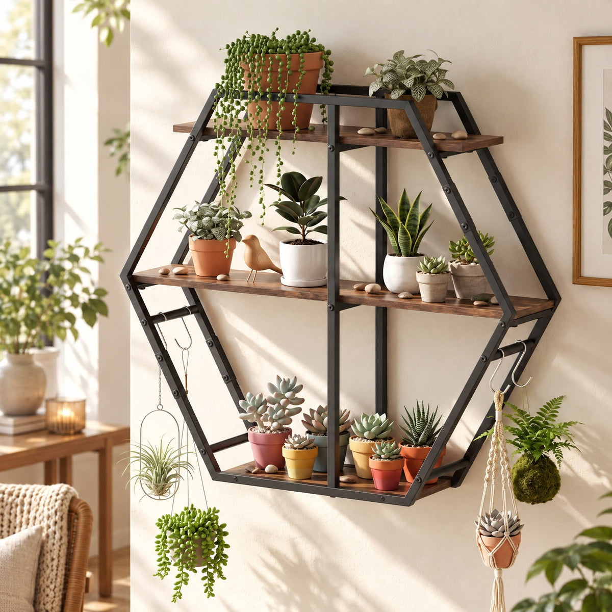 Airfind 3-Tier Geometric Bookcase with S-Shaped Hooks for Living Room, 80 lbs Capacity, Engineered Wood Metal Frame, Brown