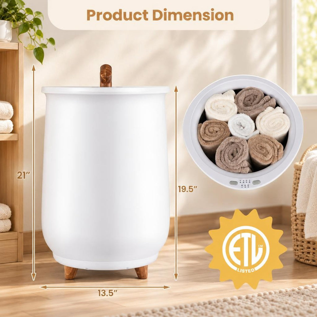 Airfind 23L Large Luxury Bucket-Style Towel Warmer with Fragrant Disc Holder, Plastic Frame, 13.5in x 21in (Dia. x H) Rated Footprint, White