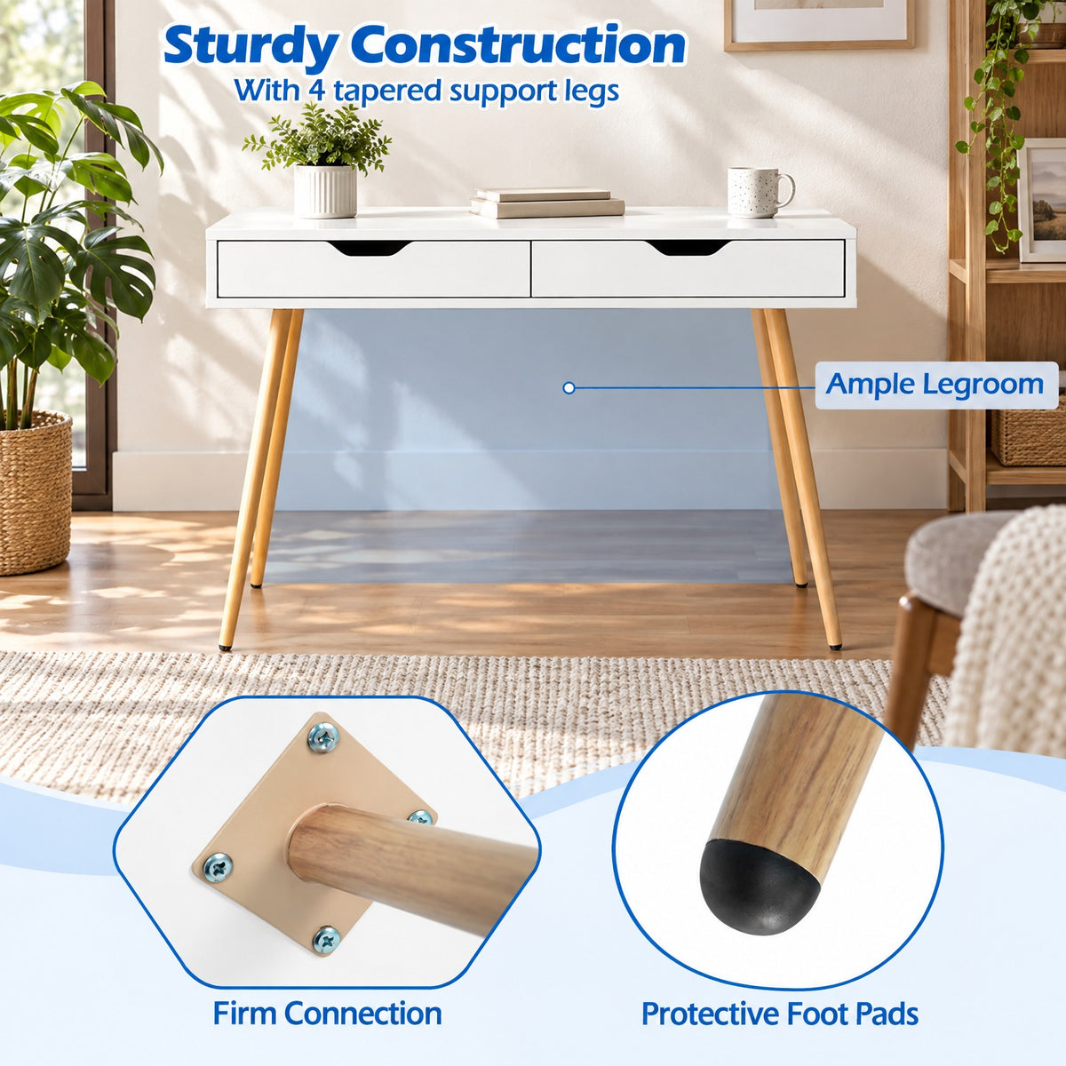 Airfind 43.5 Inch Computer Desk with 2 Drawers for Small Spaces, 165 lbs Capacity, Engineered Wood Frame, White
