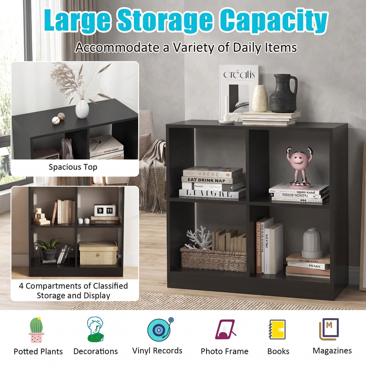 Airfind 4-Cube Kids Bookcase with Open Shelves, 60 lbs Capacity, Engineered wood Frame, 29 Inch x 13 Inch x 29 Inch Footprint, Black