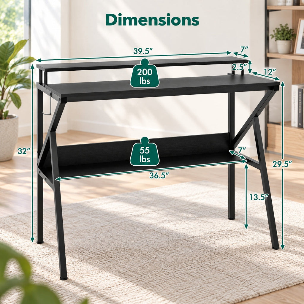 Airfind Space Saving Computer Desk with Monitor Stand and Extra Storage Shelf for Work Study, 200 lbs Capacity, Engineered Wood Metal Frame, Black
