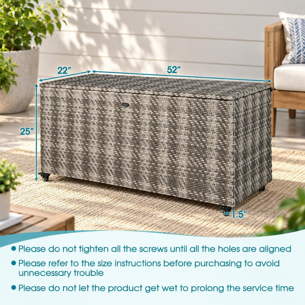 Airfind 96 Gallon PE Wicker Outdoor Storage Box with 4 Wheels, PE Rattan PP Board Metal Polyester Frame, 52 x 22 x 25 Footprint, Gray